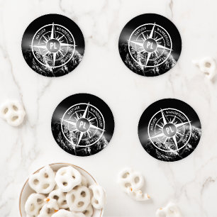 Compass star emblem monogram dramatic mountains coaster set