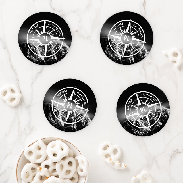 Compass star emblem monogram dramatic mountains coaster set (In Situ)
