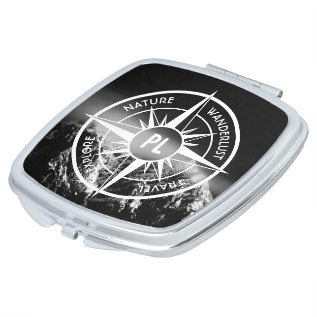 Compass star emblem monogram dramatic mountains compact mirror (Turned)