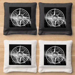 Compass star emblem monogram dramatic mountains cornhole bags