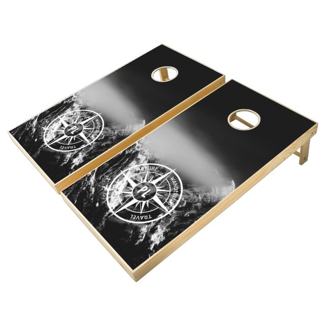 Compass star emblem monogram dramatic mountains cornhole set (Angled)