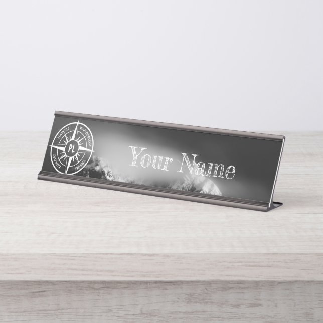 Compass star emblem monogram dramatic mountains desk name plate (Front)