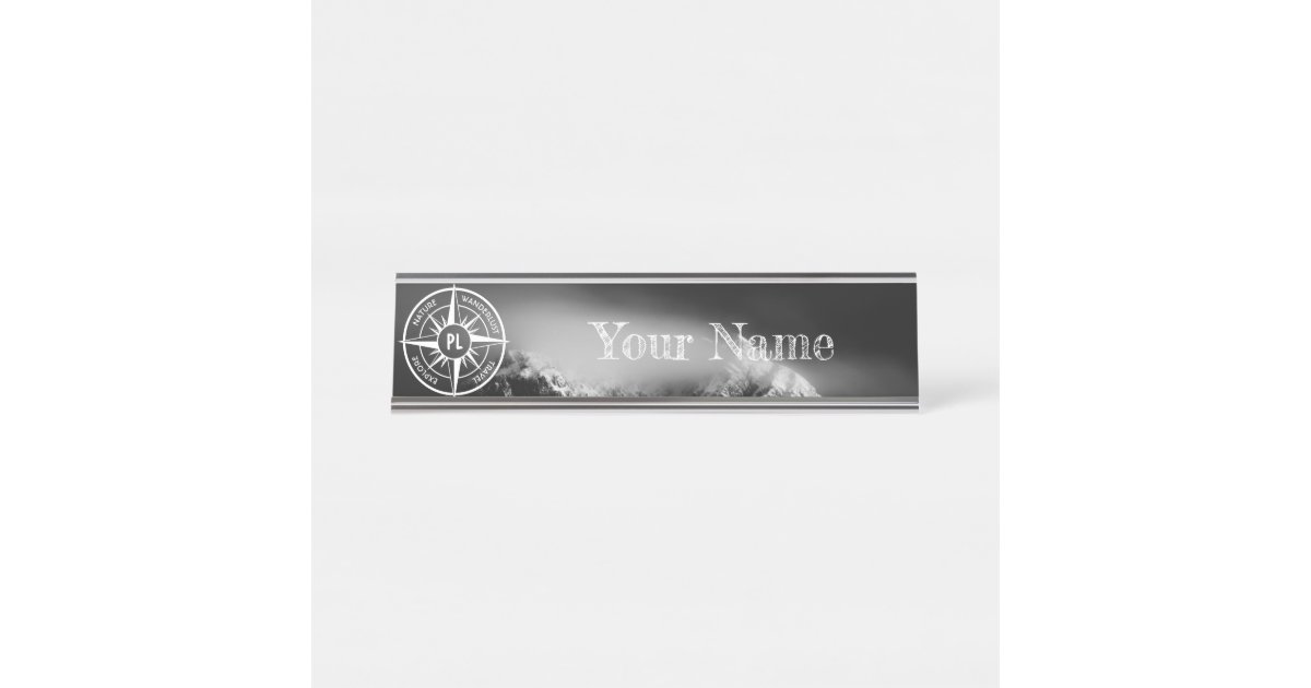 Compass star emblem monogram dramatic mountains desk name plate | Zazzle
