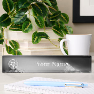 Compass star emblem monogram dramatic mountains desk name plate