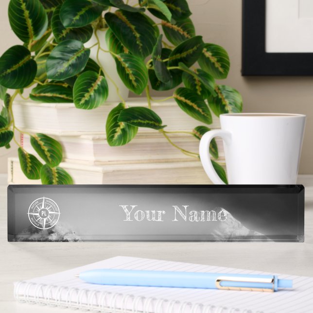 Compass star emblem monogram dramatic mountains desk name plate
