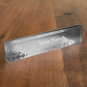 Compass star emblem monogram dramatic mountains desk name plate