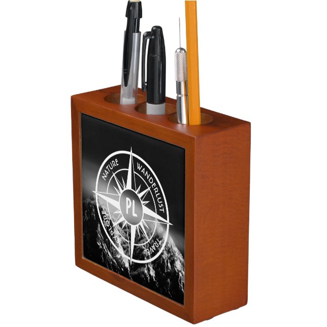 Compass star emblem monogram dramatic mountains desk organizer (In Situ)