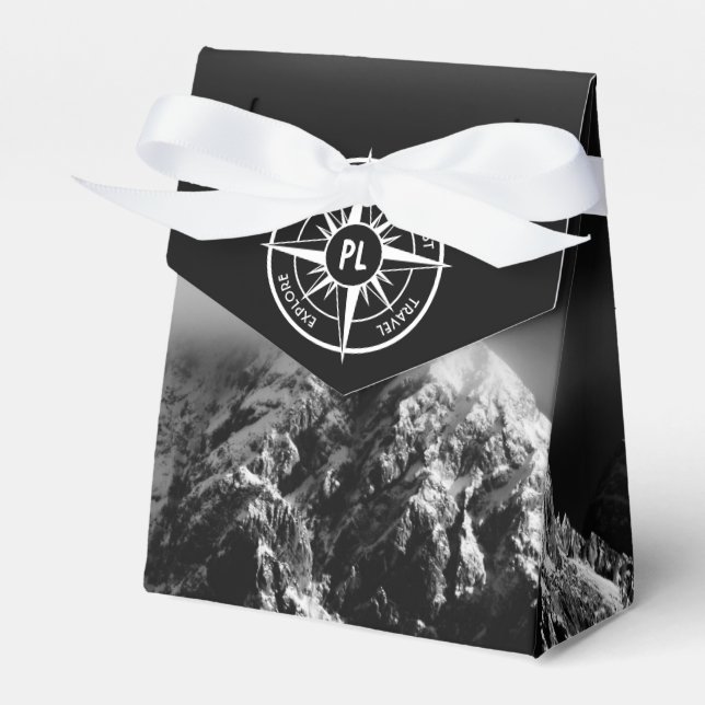Compass star emblem monogram dramatic mountains favor boxes (Front Side)