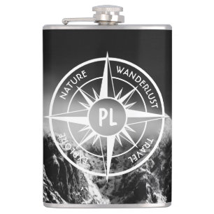 Compass star emblem monogram dramatic mountains flask