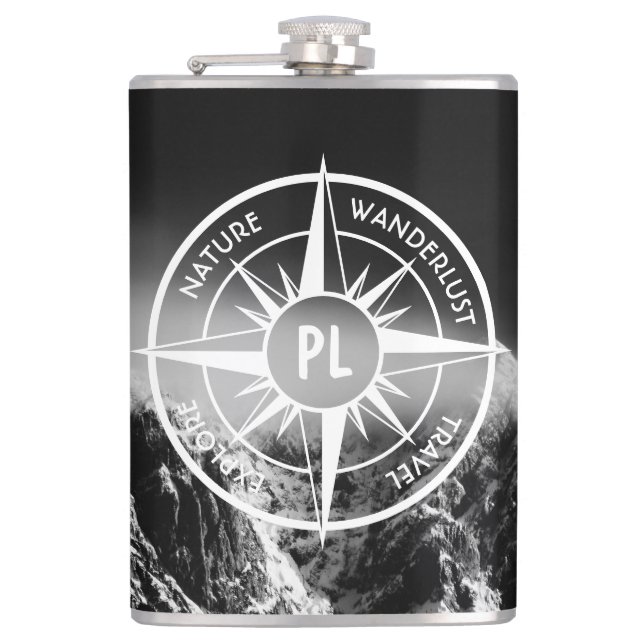 Compass star emblem monogram dramatic mountains flask (Front)