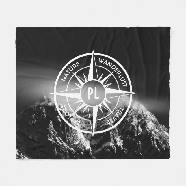 Compass star emblem monogram dramatic mountains fleece blanket (Front (Horizontal))