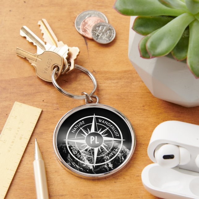 Compass star emblem monogram dramatic mountains keychain (Desk)