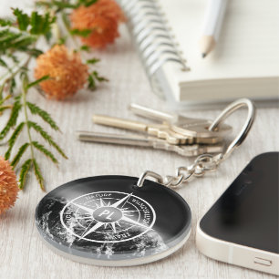 Compass star emblem monogram dramatic mountains keychain