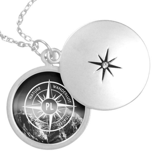 Compass star emblem monogram dramatic mountains locket necklace (Front)