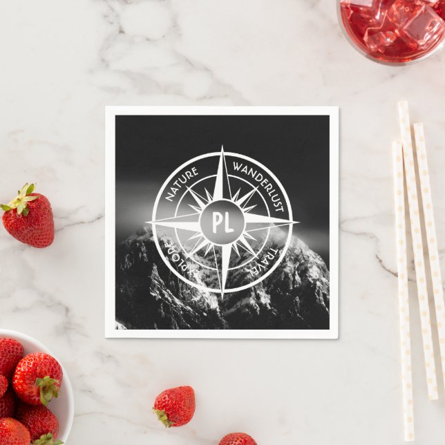 Compass star emblem monogram dramatic mountains napkins (Insitu)