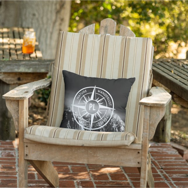 Compass star emblem monogram dramatic mountains outdoor pillow (Chair)