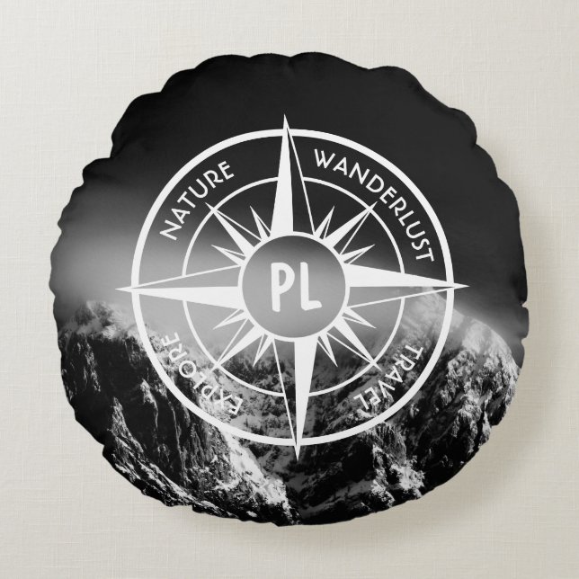 Compass star emblem monogram dramatic mountains round pillow (Front)