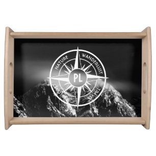 Compass star emblem monogram dramatic mountains serving tray