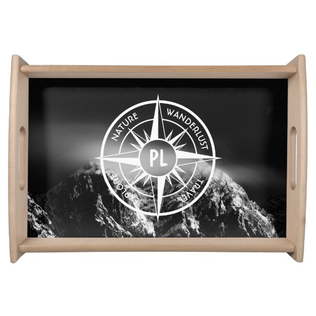Compass star emblem monogram dramatic mountains serving tray (Front)