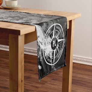 Compass star emblem monogram dramatic mountains short table runner