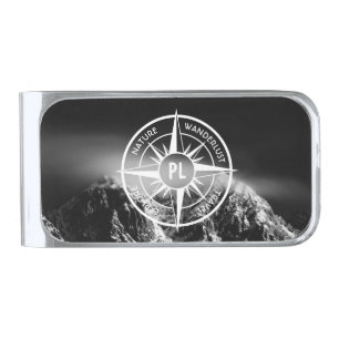 Compass star emblem monogram dramatic mountains silver finish money clip
