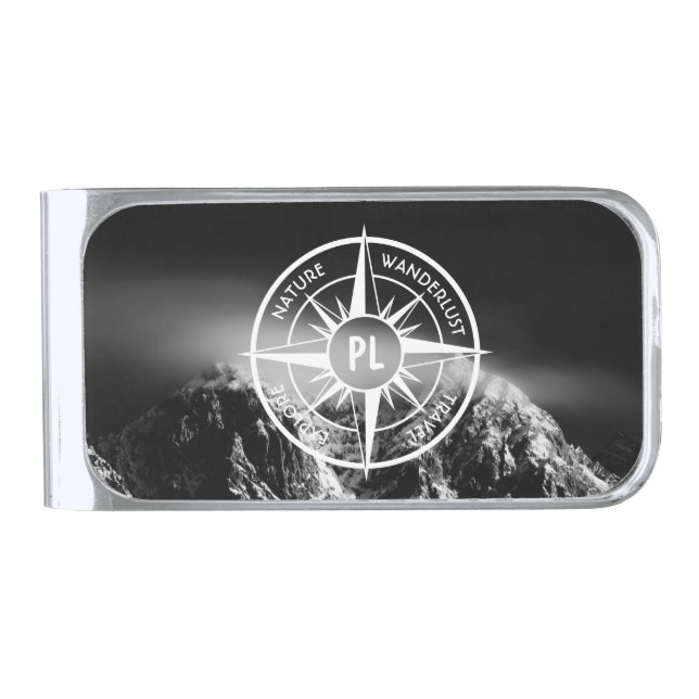 Compass star emblem monogram dramatic mountains silver finish money clip (Front)