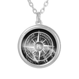Compass star emblem monogram dramatic mountains silver plated necklace