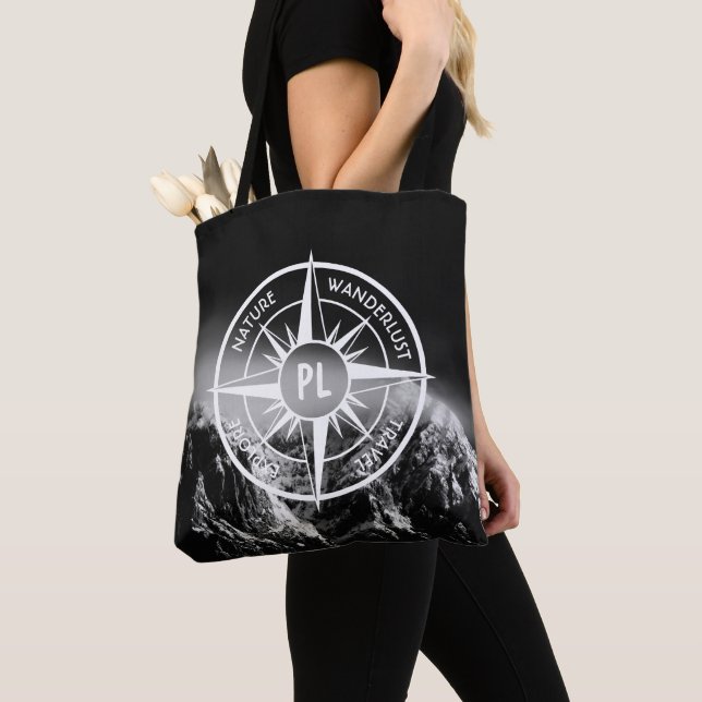 Compass star emblem monogram dramatic mountains tote bag (Close Up)