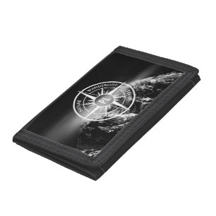 Compass star emblem monogram dramatic mountains trifold wallet