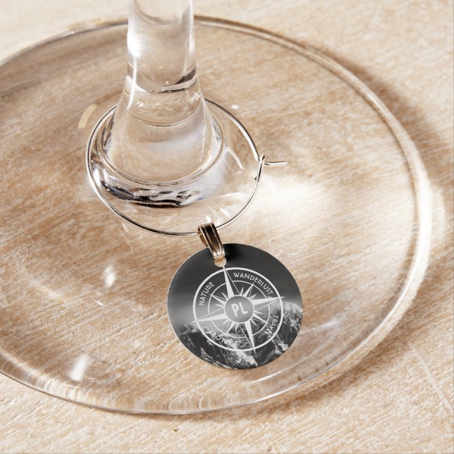 Compass star emblem monogram dramatic mountains wine charm (In Situ)