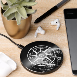 Compass star emblem monogram dramatic mountains wireless charger 