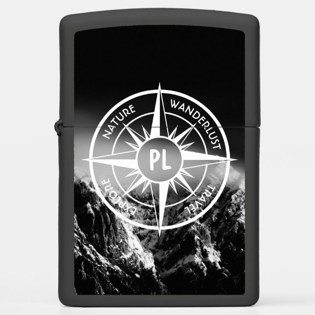 Compass star emblem monogram dramatic mountains zippo lighter (Front)