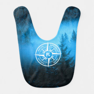 Compass star emblem monogram fog in spruce forest baby bib