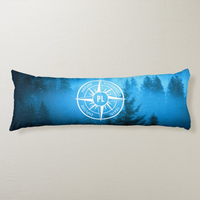 Compass star emblem monogram fog in spruce forest body pillow (Front)