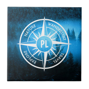 Compass star emblem monogram fog in spruce forest ceramic tile