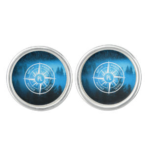 Compass star emblem monogram fog in spruce forest cufflinks