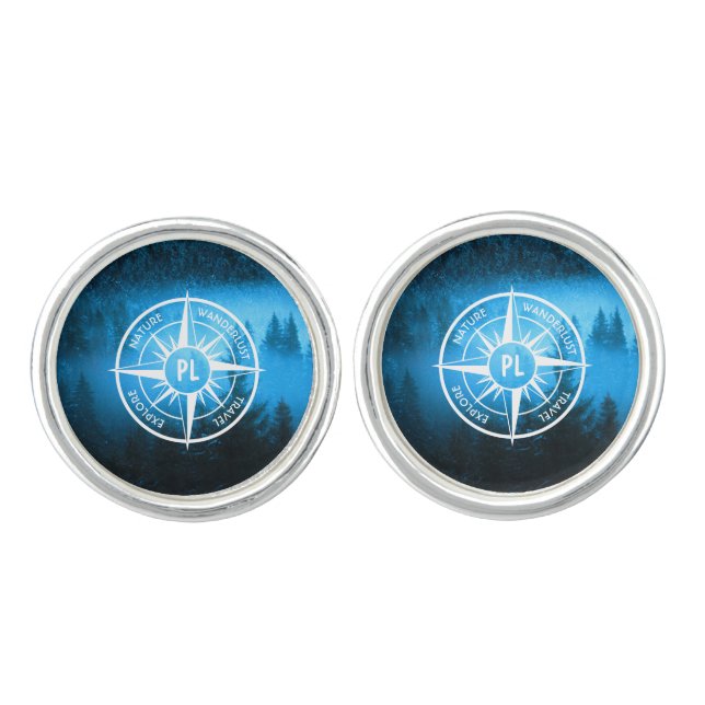 Compass star emblem monogram fog in spruce forest cufflinks (Front)