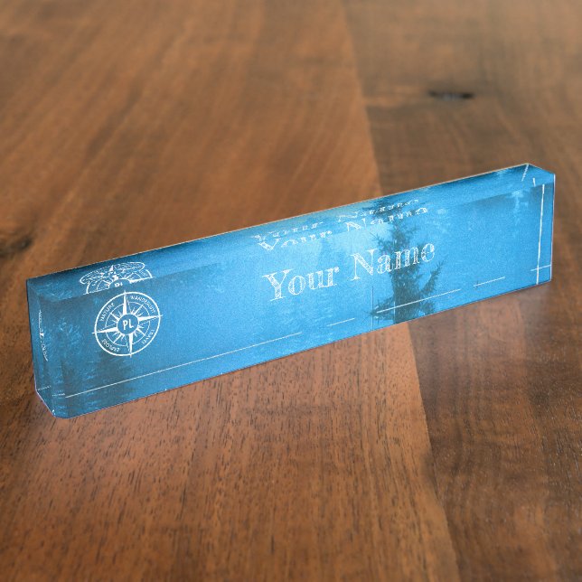 Compass star emblem monogram fog in spruce forest desk name plate (Side)