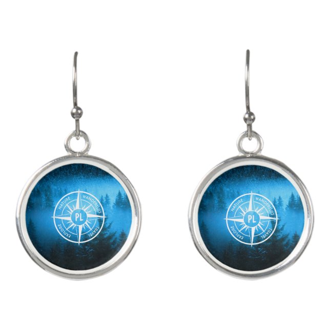 Compass star emblem monogram fog in spruce forest earrings (Front)