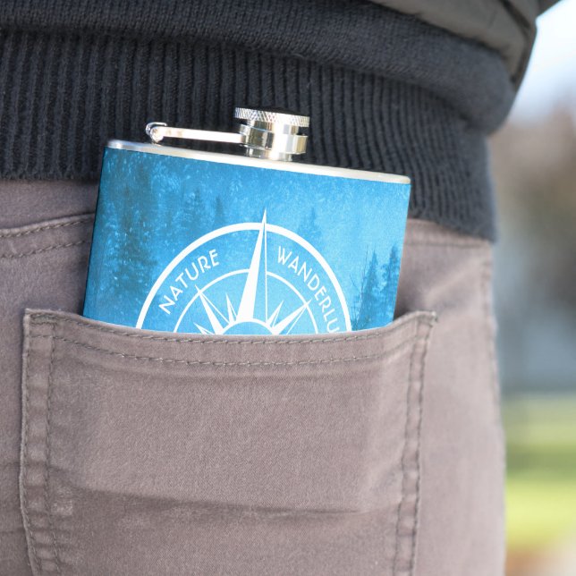 Compass star emblem monogram fog in spruce forest flask (In Situ)