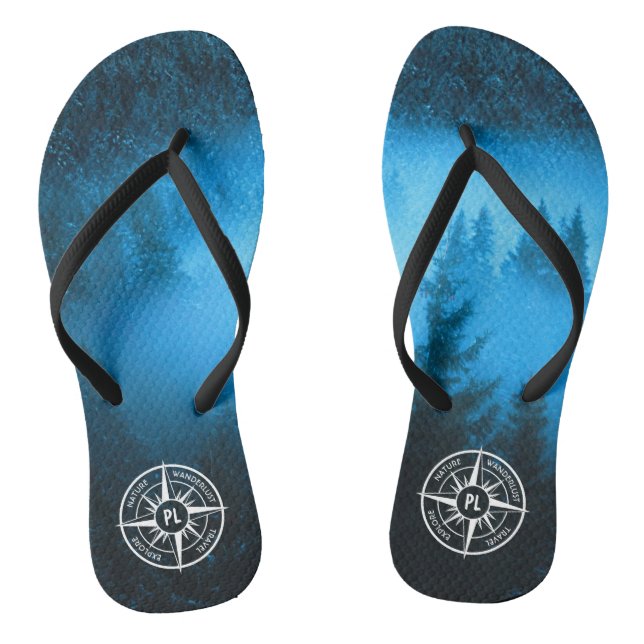 Compass star emblem monogram fog in spruce forest flip flops (Footbed)