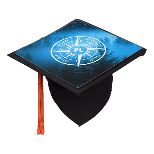 Compass star emblem monogram fog in spruce forest graduation cap topper