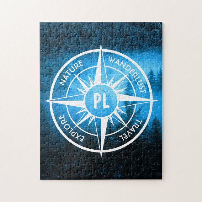 Compass star emblem monogram fog in spruce forest jigsaw puzzle (Vertical)