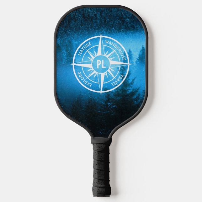Compass star emblem monogram fog in spruce forest pickleball paddle (Front)