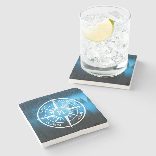 Compass star emblem monogram fog in spruce forest stone coaster (Side)