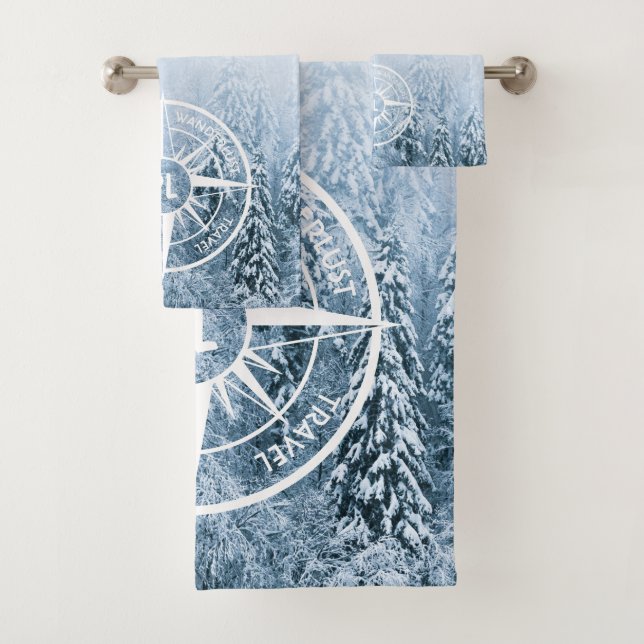 Compass star emblem monogram winter spruce forest bath towel set (Insitu)