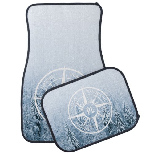 Compass star emblem monogram winter spruce forest car floor mat