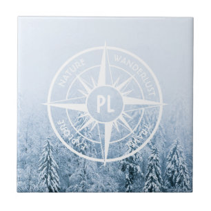Compass star emblem monogram winter spruce forest ceramic tile