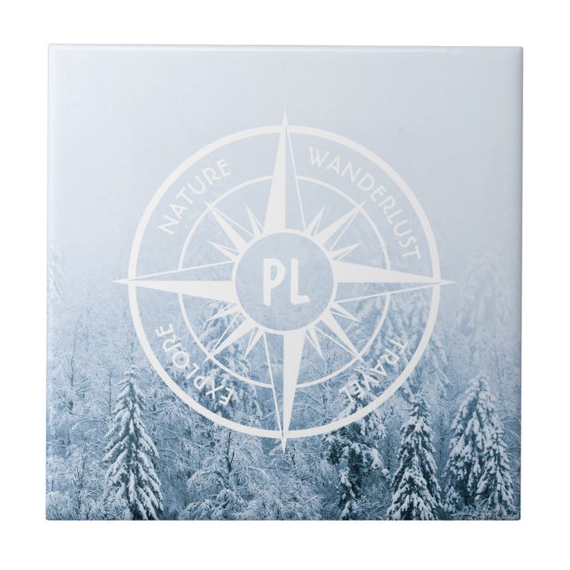 Compass star emblem monogram winter spruce forest ceramic tile (Front)