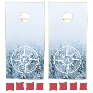 Compass star emblem monogram winter spruce forest cornhole set